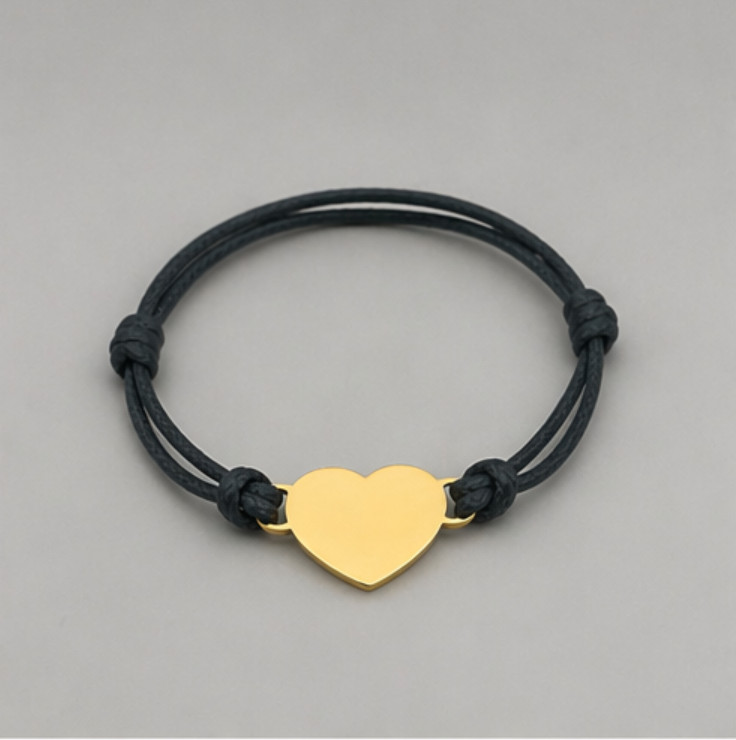 Custom Engraved Heart Bracelet Adjustable Black Cord Personalized Name Gift