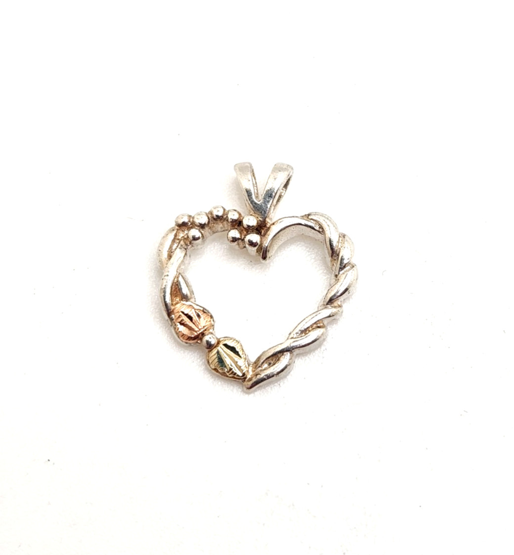 Landstrom’s Black Hills Gold 925 Sterling & 12K Leaves Heart Pendant, 5/8″ Tall