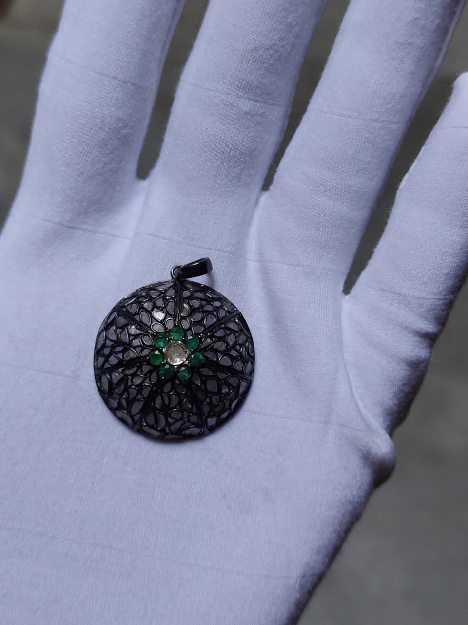 925 Sterling Silver Emerald Polki Pendant Black Rhodium Vintage Floral Pendant