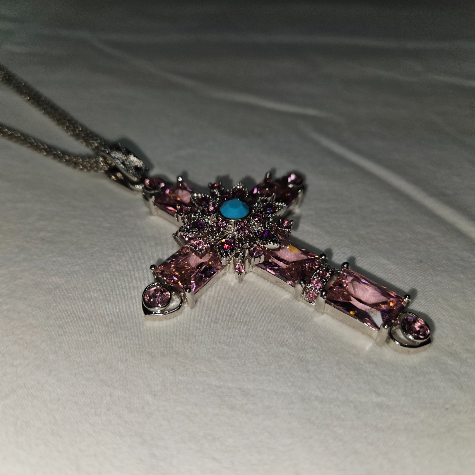 Silver tone Pink & Blue Rhinestone Cross Necklace Religious Christian 12″ 40g