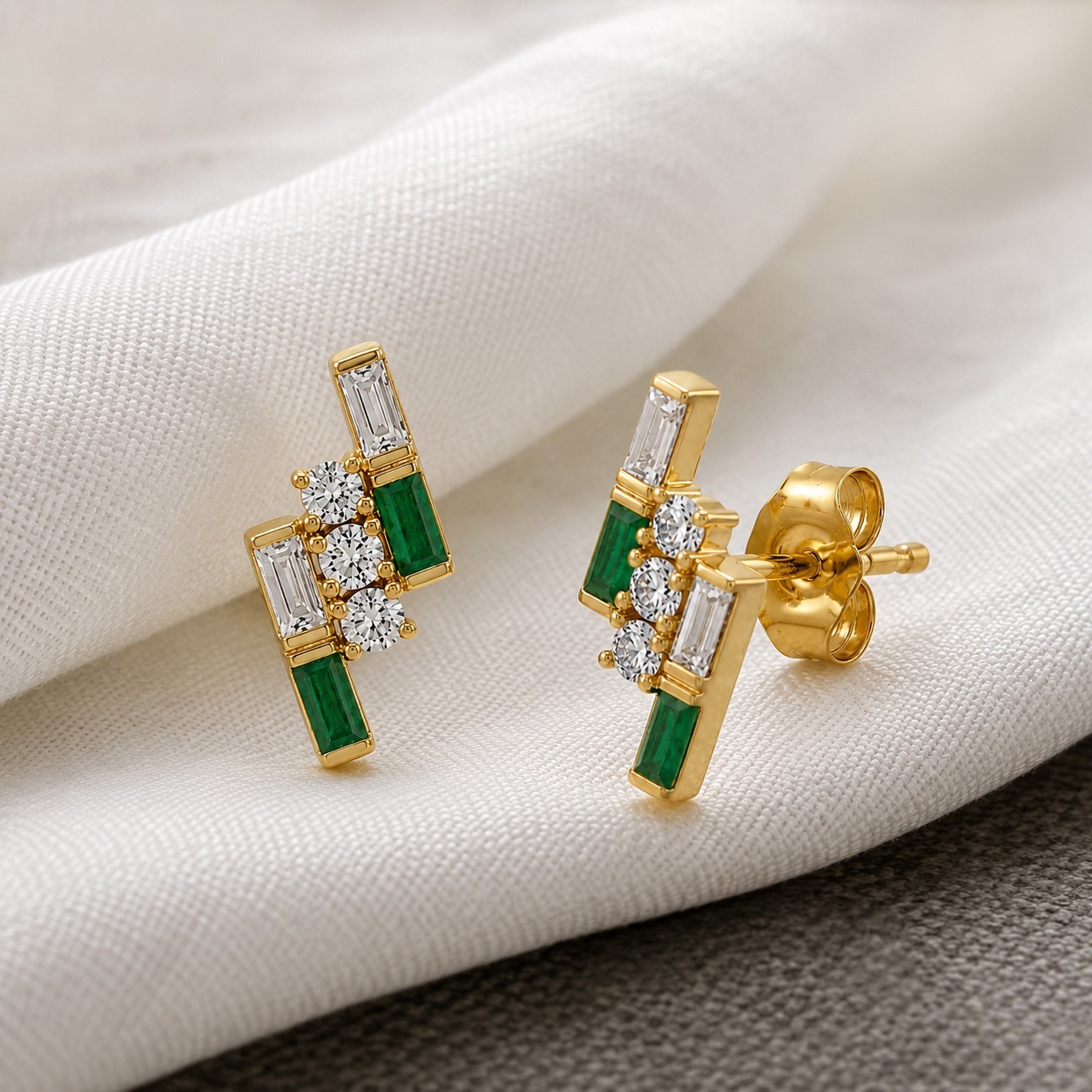 Baguette Emerald &Diamond Half Bezel Stud Earrings Solid 14K Yellow Gold Jewelry