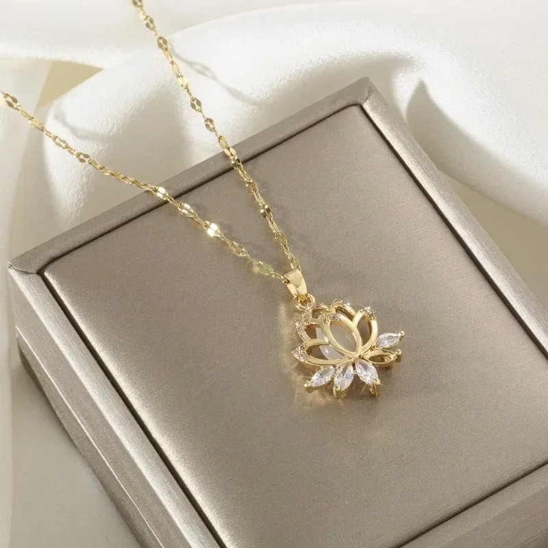 1 PC High-quality 18k Gold Electroplated Fashion Cat’s Eye Stone Lotus Necklace