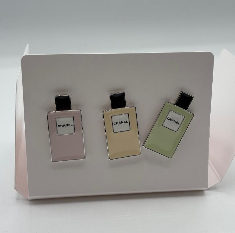CHANEL Beaute Ltd Ed Set Of 3 Enamel Perfume Bottle Tack Pins NWT Authentic GWP