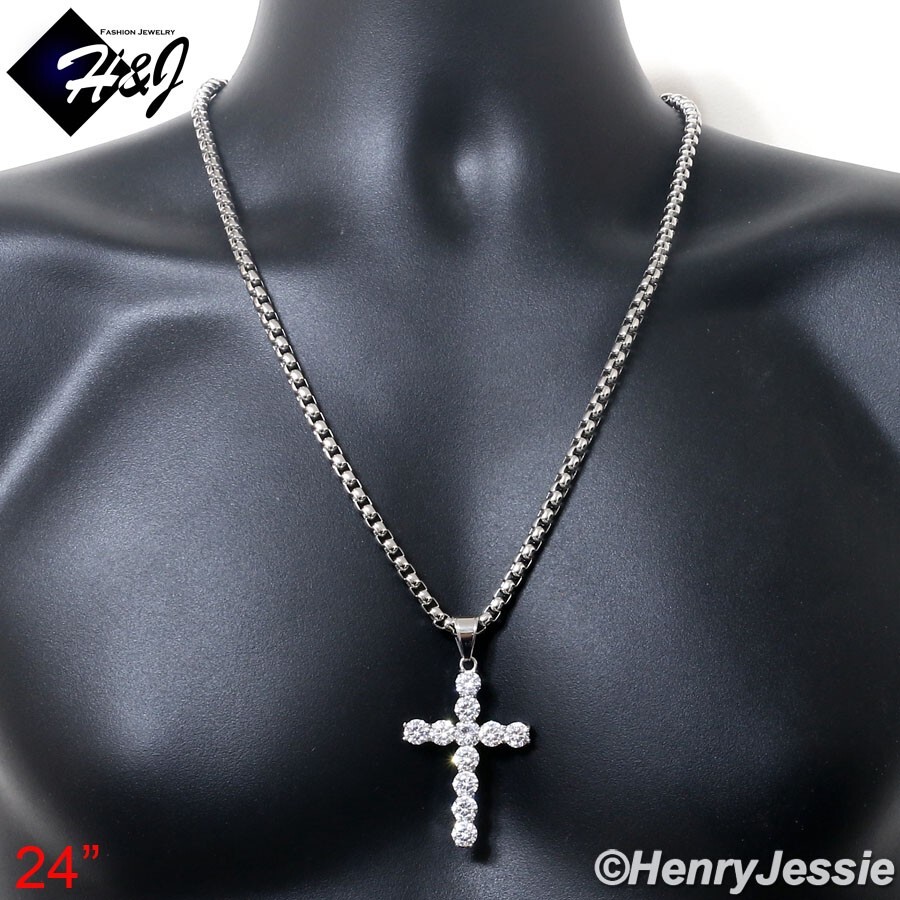 24″MEN 316L Stainless Steel 5mm Silver Box Link Chain ICY CZ Cross Pendant*IP138