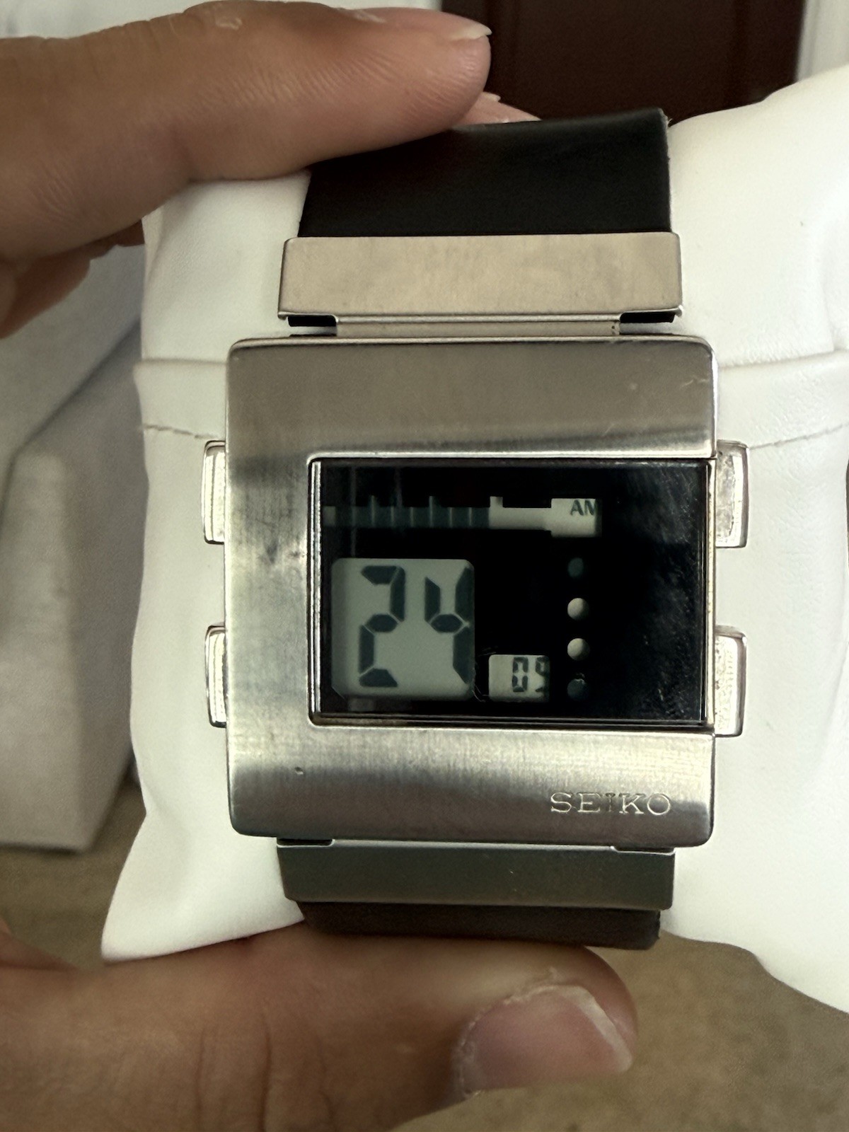 Seiko Men’s Digital Quartz Rectangle Stainless Watch, Alarm, Black Leather