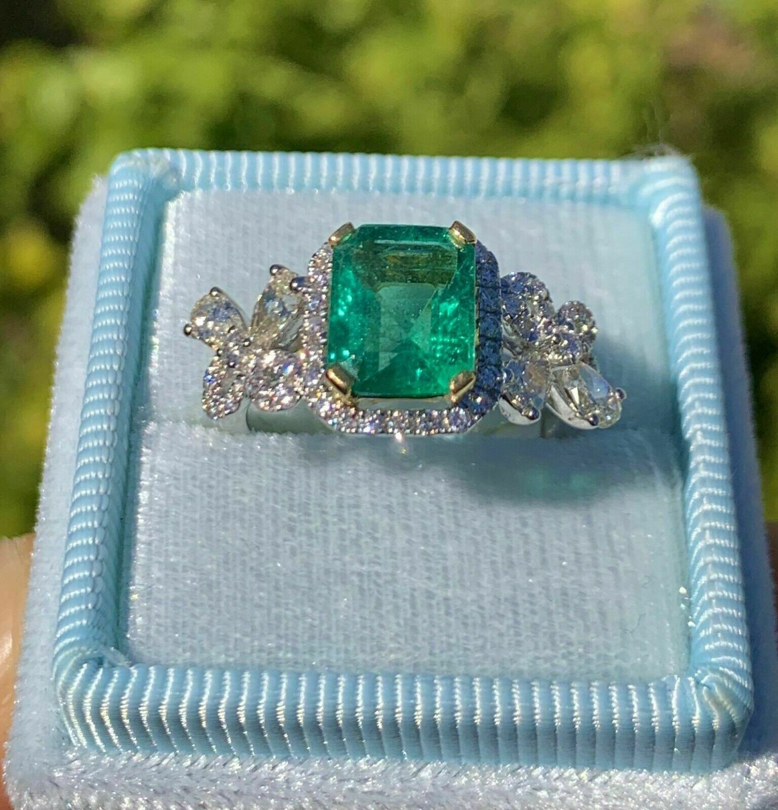 3.08 Ct Emerald Cut Natural Emerald Diamond Wedding Ring 14K White Gold Size 7
