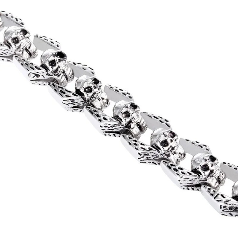Men’s Vintage Silver Skull Chain Bracelet Heavy Punk Gothic