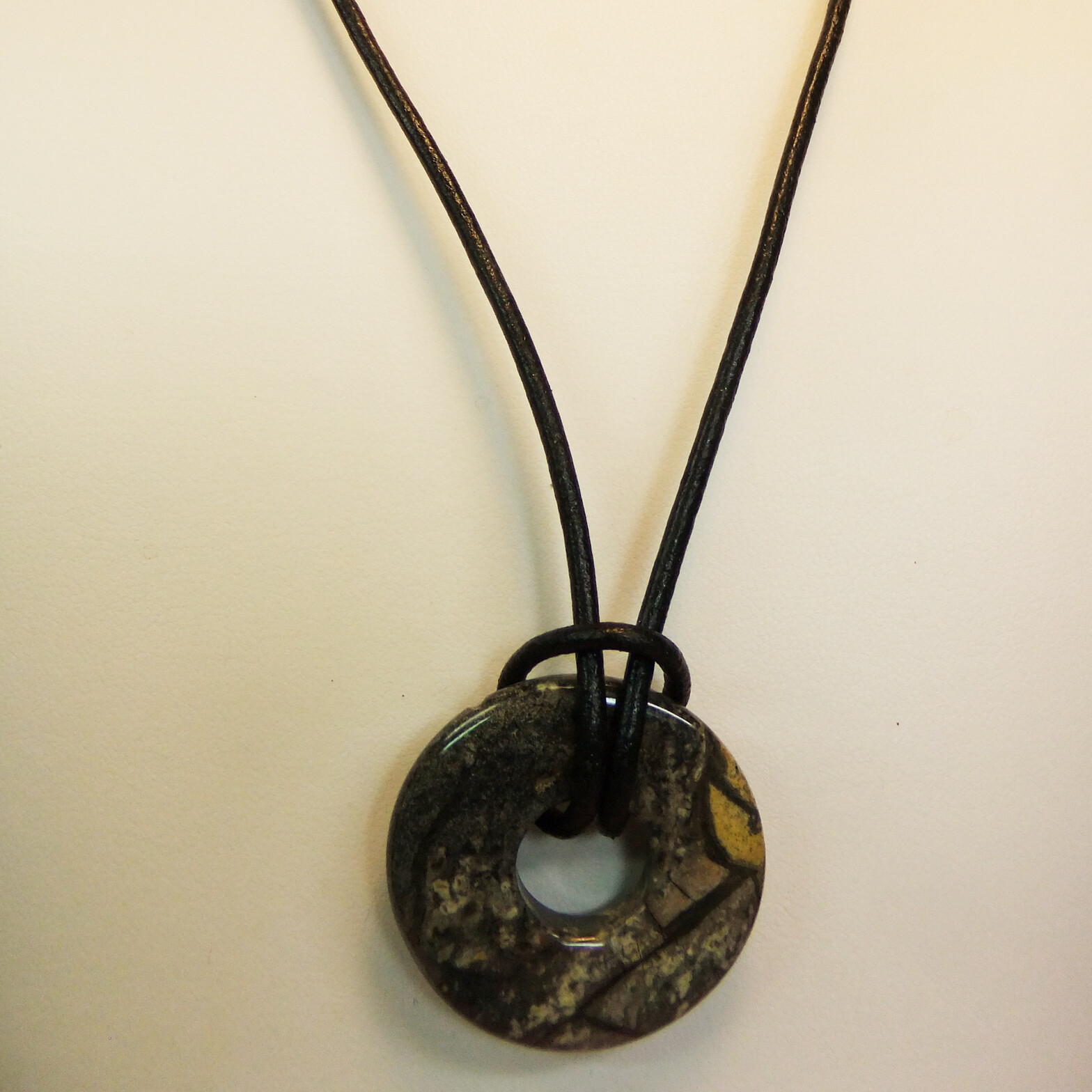 Black Gray Yellow Jasper Small 1 1/8″ Stone Donut Leather Cord Necklace NEW #64