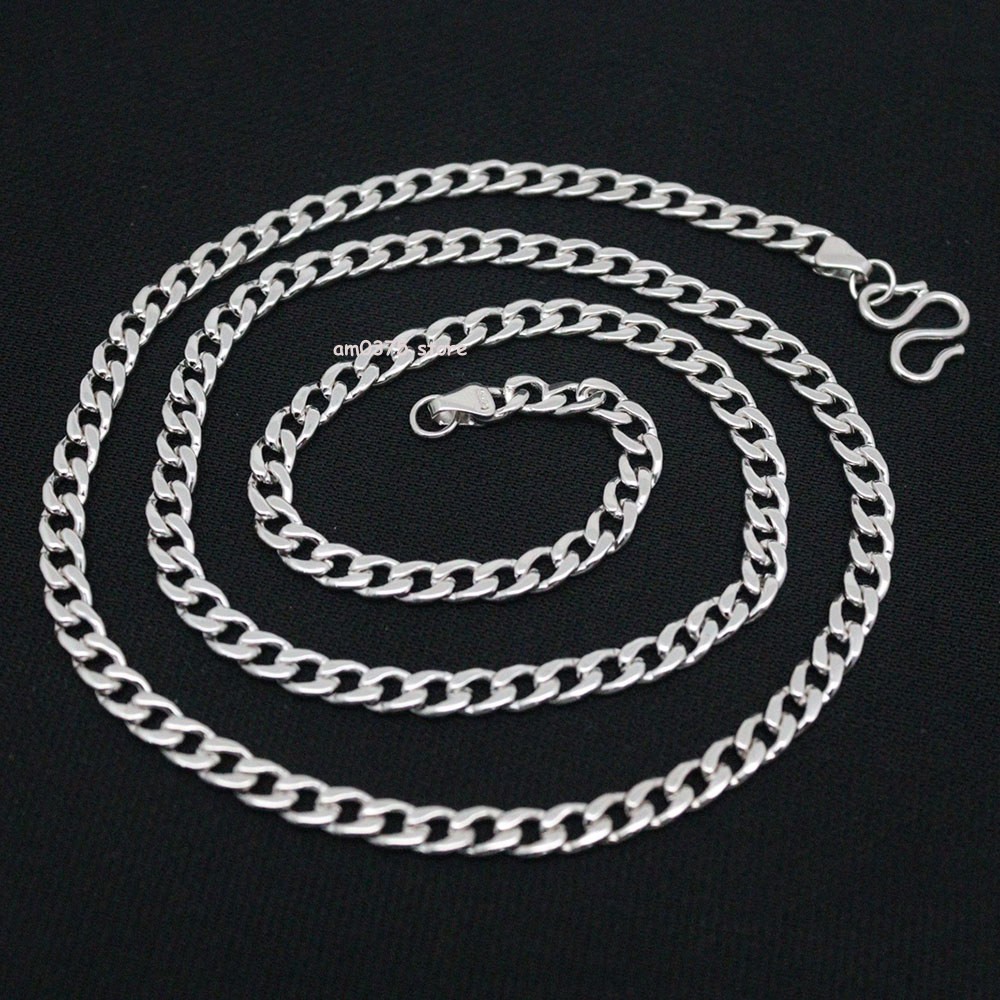 Real S925 Sterling Silver Necklace Women Man 4mm Curb Chain Link 20inch /17-18g