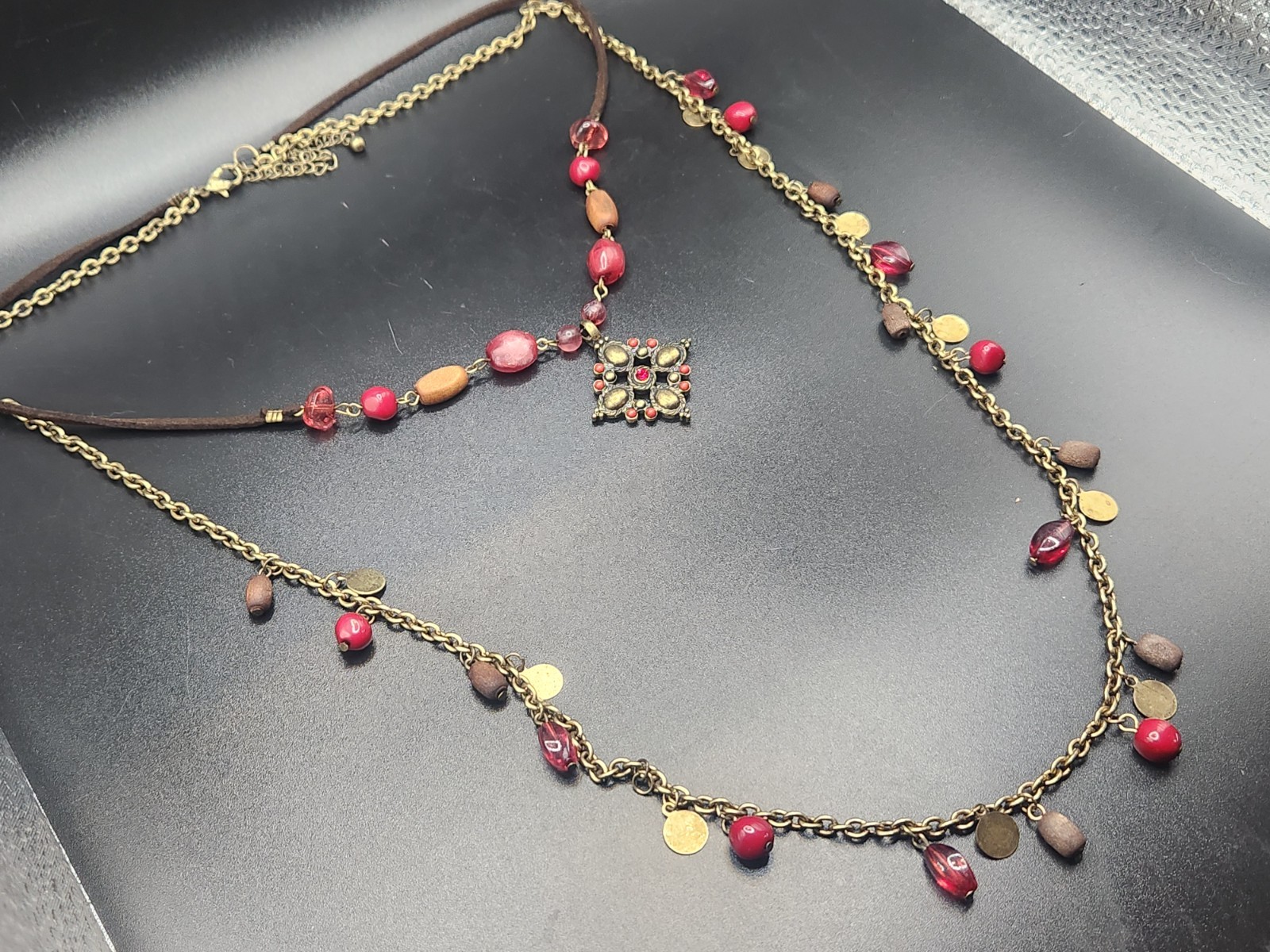 #0405 – Boho Layered Necklace Red Beads Antique Gold Tone Coin Dangles 19″ +…