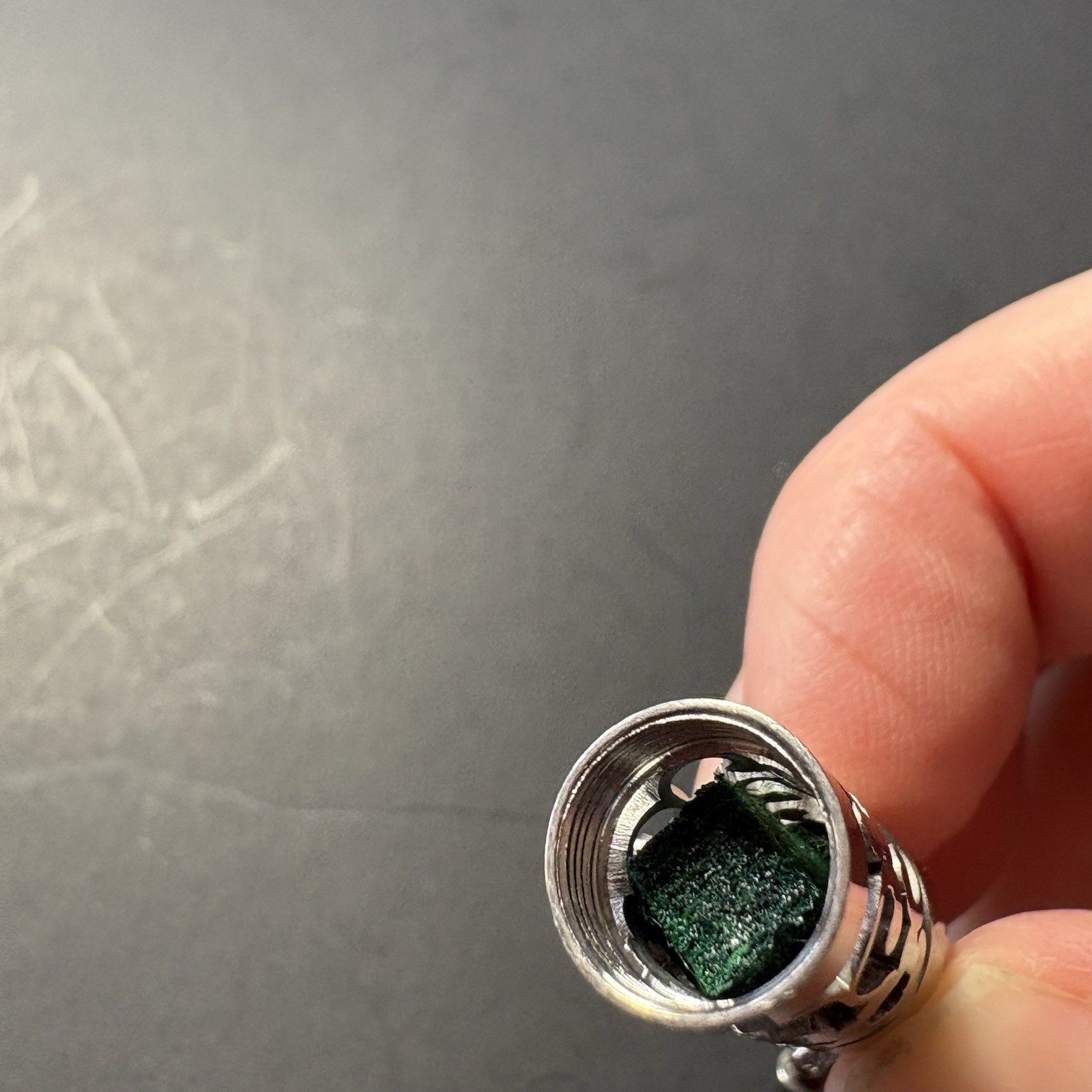 Silver Tone Adjustable Slider Bracelet Cutout Cylinder Green Stone Accent Boho