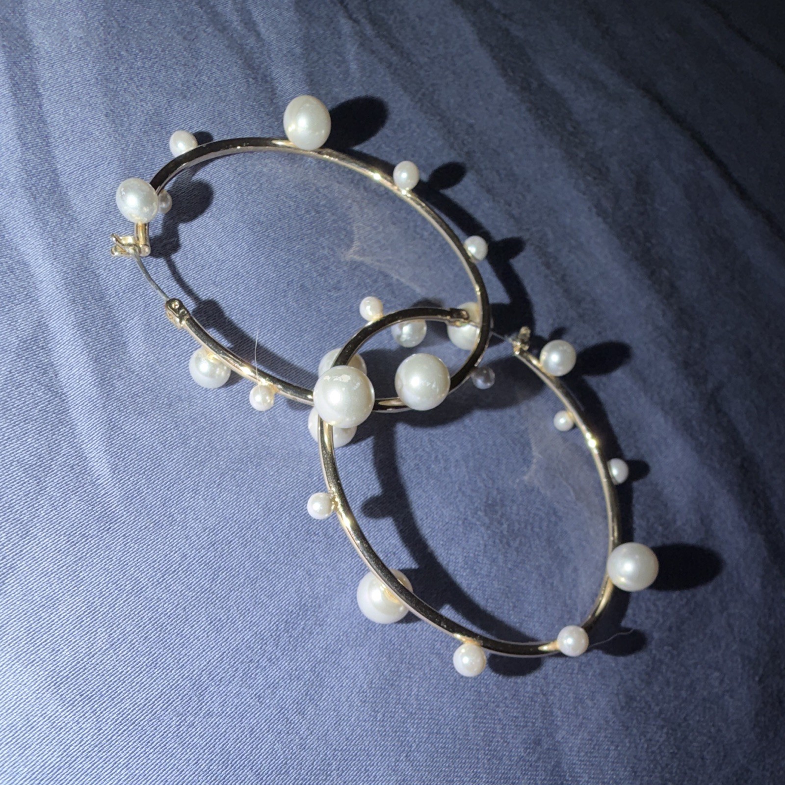 Gold Plated Hoop Earrings w/ White Imitation Pearls, Snap Closure