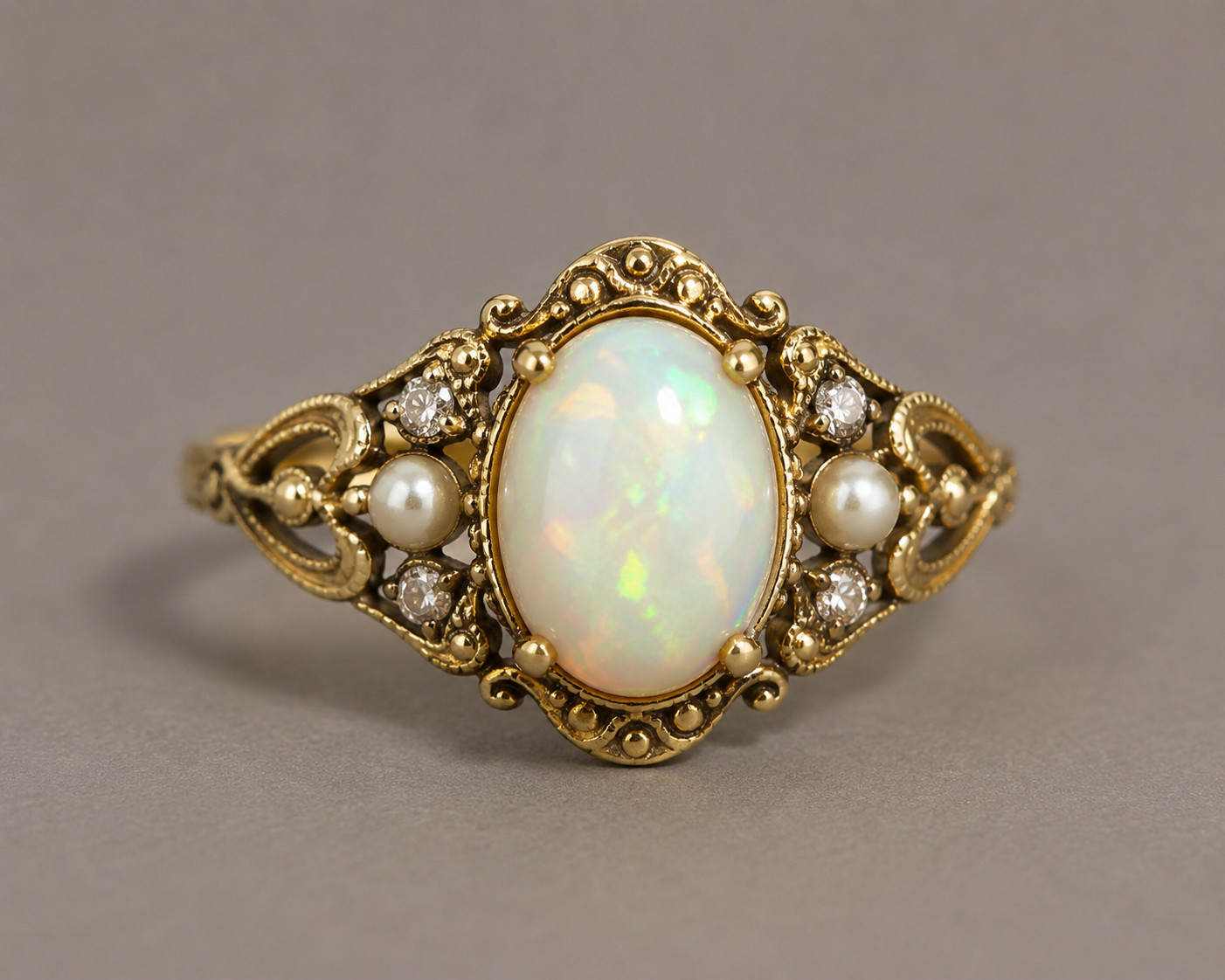 Vintage Natural Opal Ring Oval Moissanite Pearl Statement Ring