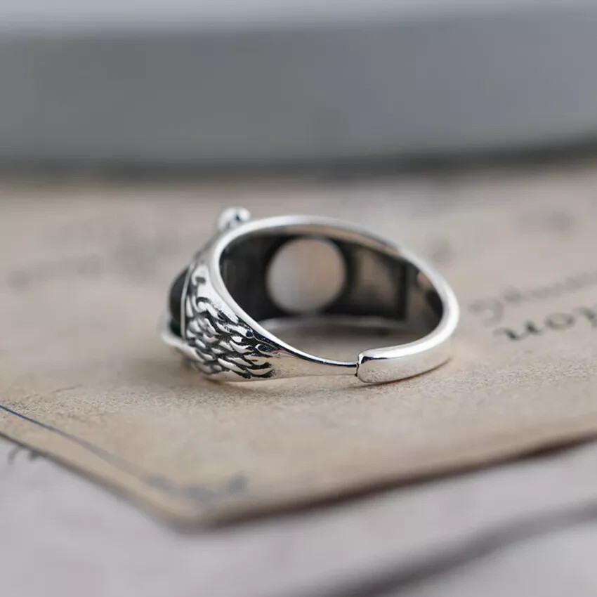 Cute Owl Blue Eye Silver Ring, Adjustable Size, Bird, Fun