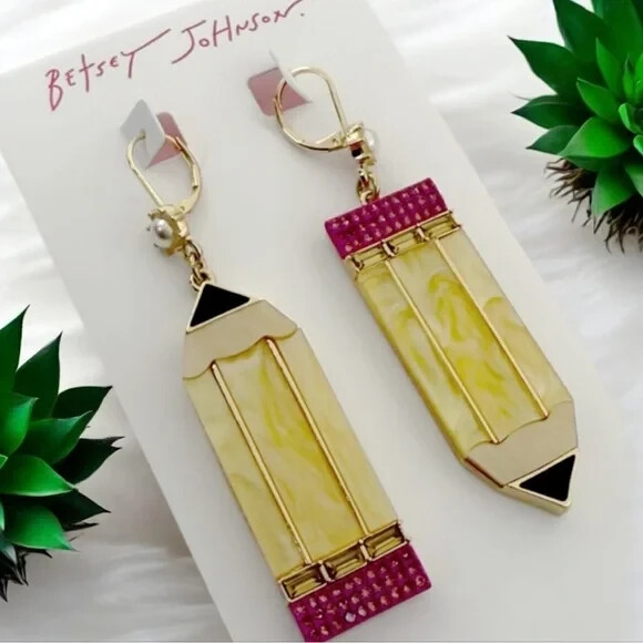Betsey Johnson LARGE Pencil Earrings With Pink Rhinestones & Faux Pearls.
