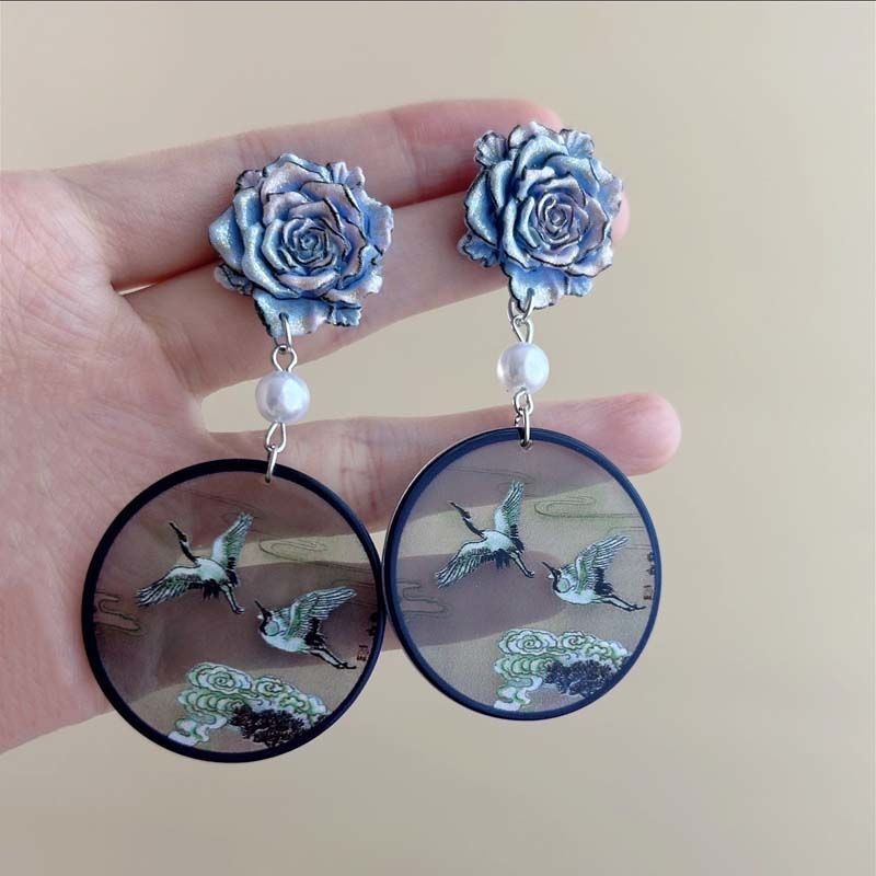 New Blue Rose Crane Earrings Chinese Earrings for Women