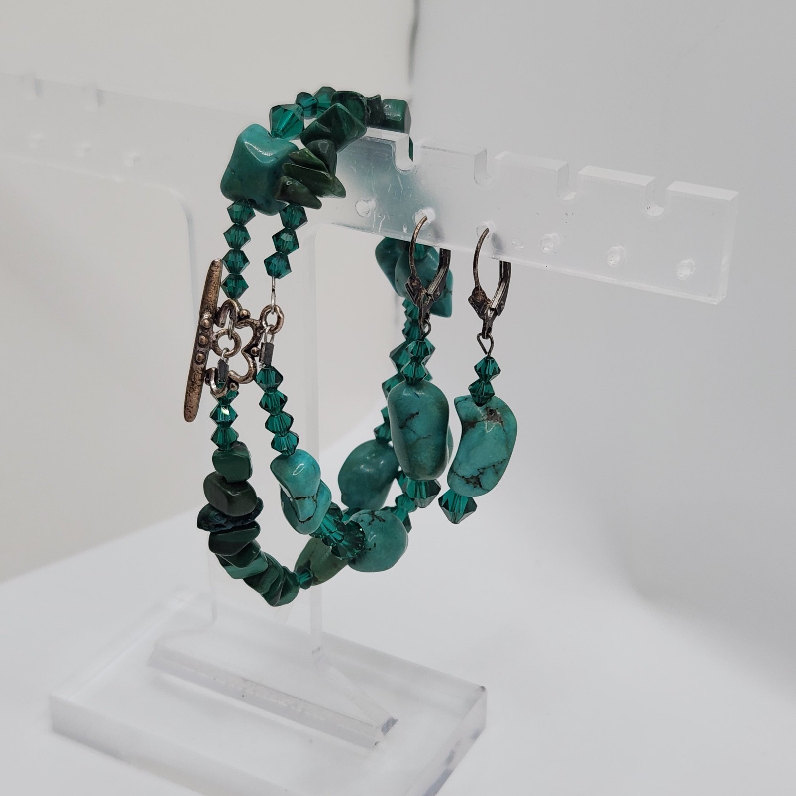 Boho Turquoise Malachite 925 Sterling Silver Bracelet Earrings Set Green Glass