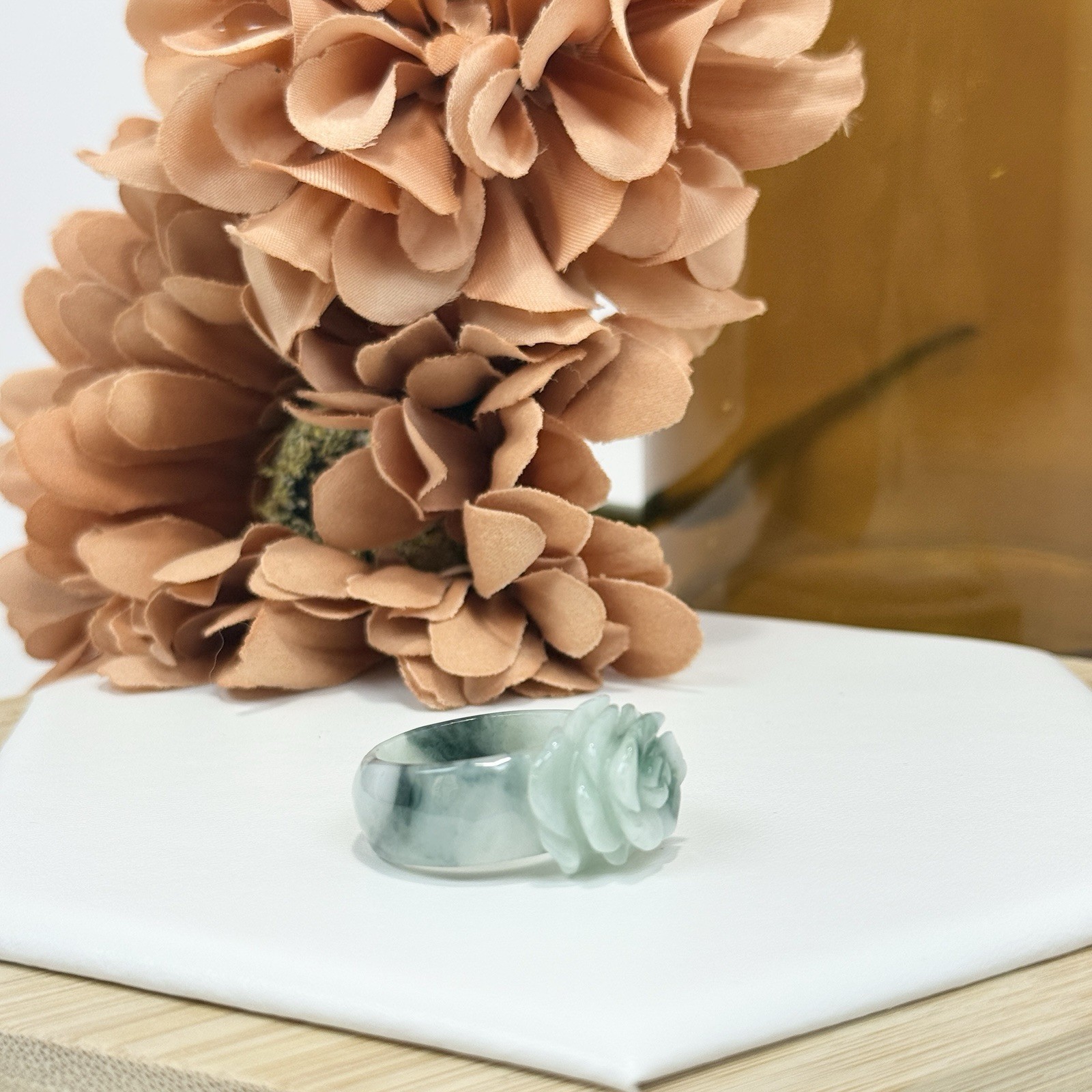 Jadeite Flower Carved Ring Size 9 1/4 Width 9.2MM