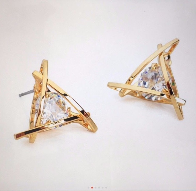Womens Triangle Pierced Gold Crystal Zircon Stud Earrings