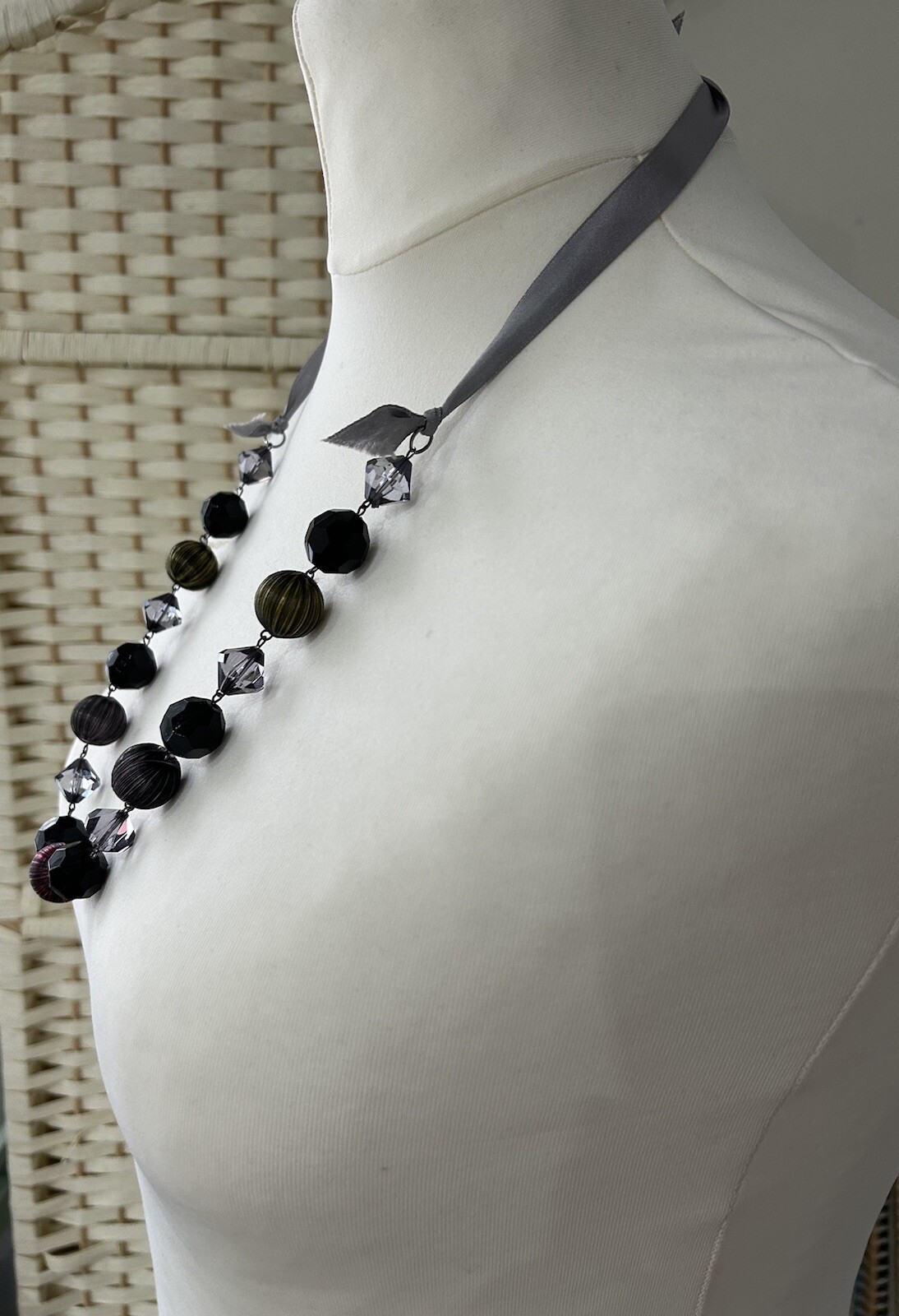 Boho Antique Designer Look Black & Multicolour Necklace Covered Bead Ribbon