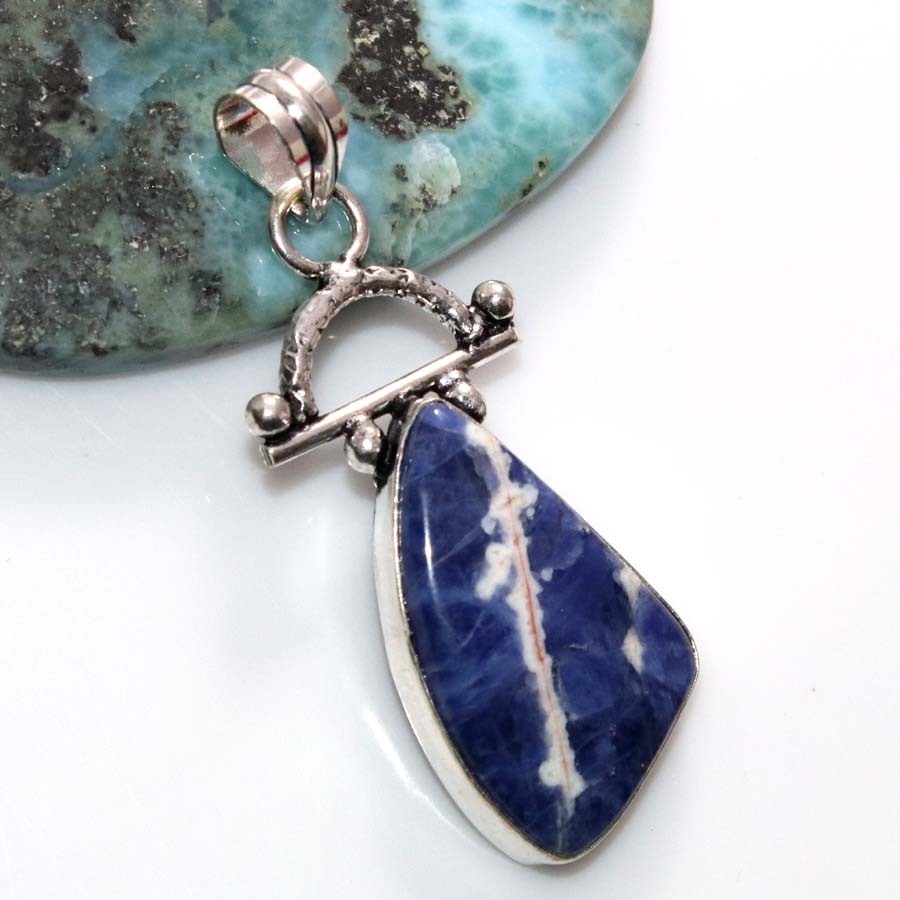 925 Silver Plated Sodalite Pendant 2″ Handmade Gemstone Jewelry Trendy JW