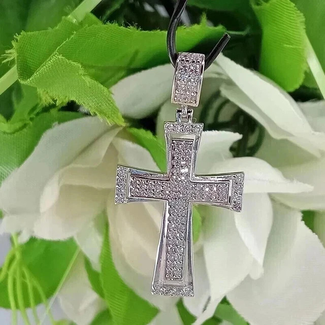 2.20 CTW Round Cut Real Moissanite Cross Pendant No/Chain 14K White Gold Plated