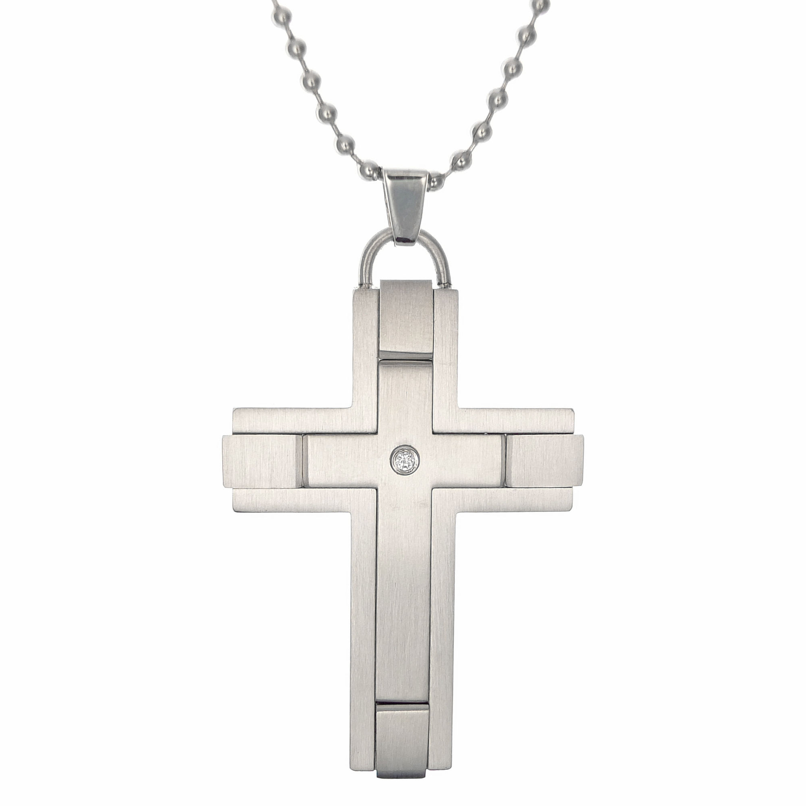 Stainless Steel Cross Pendant with 0.02 Carat Diamond Satin Accent – 24″ Chain