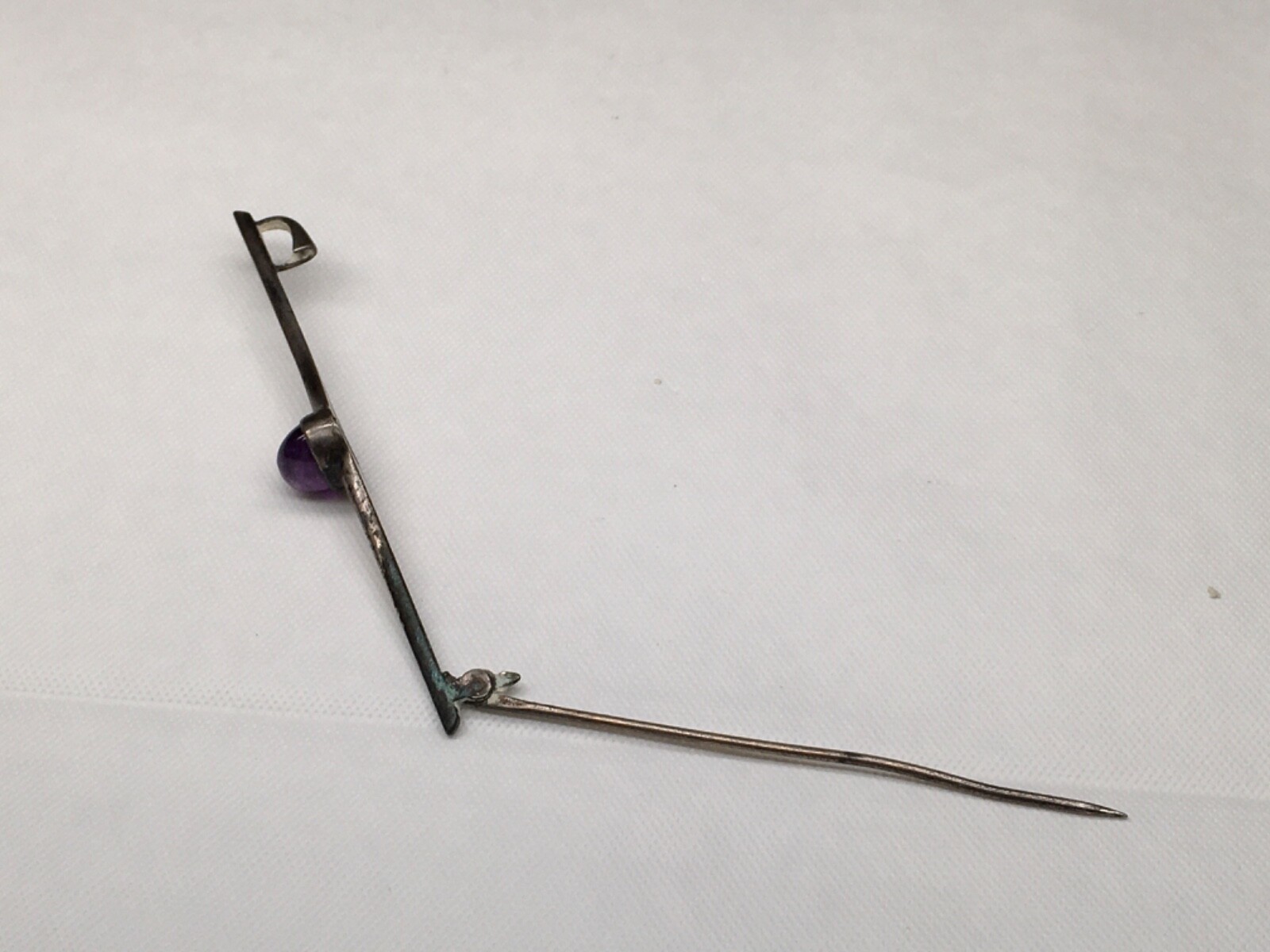 Vintage Brooch Glass OR Natural Purple Stone, 2-3/4″ Long, Unknown Metal.
