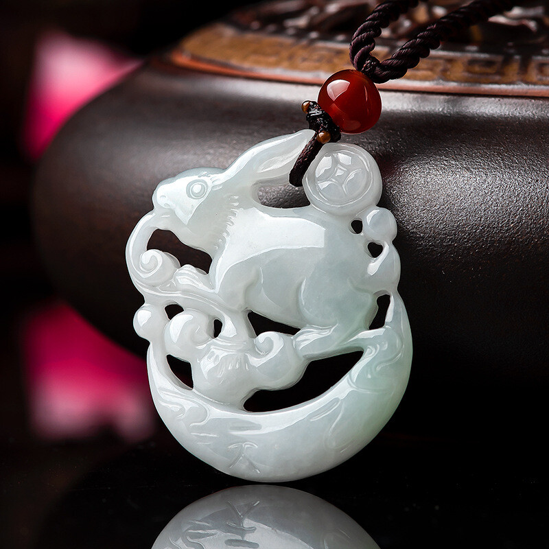 Natural Jadeite A Grade Jade Pendant White Jadeite Lucky Zodiac Moon Rabbit