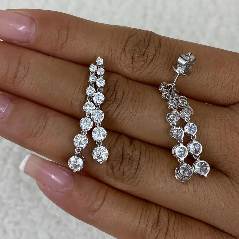 Round Cut Lab Grown Diamond For Engagement Gift Drop Earrings 14k White Gold