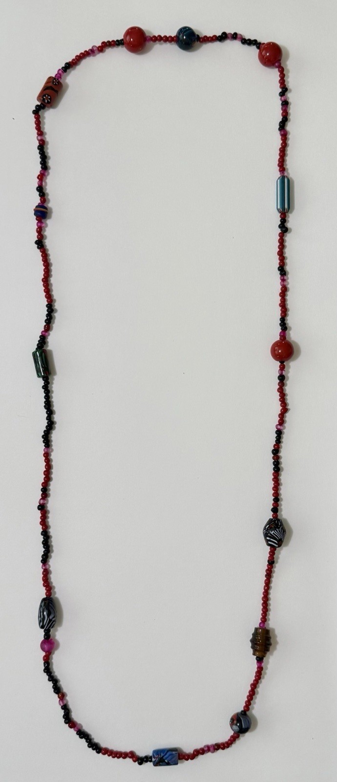 Art Glass Statement Necklace Red, Black & Multicolor Millefiori-Style Beads 50”