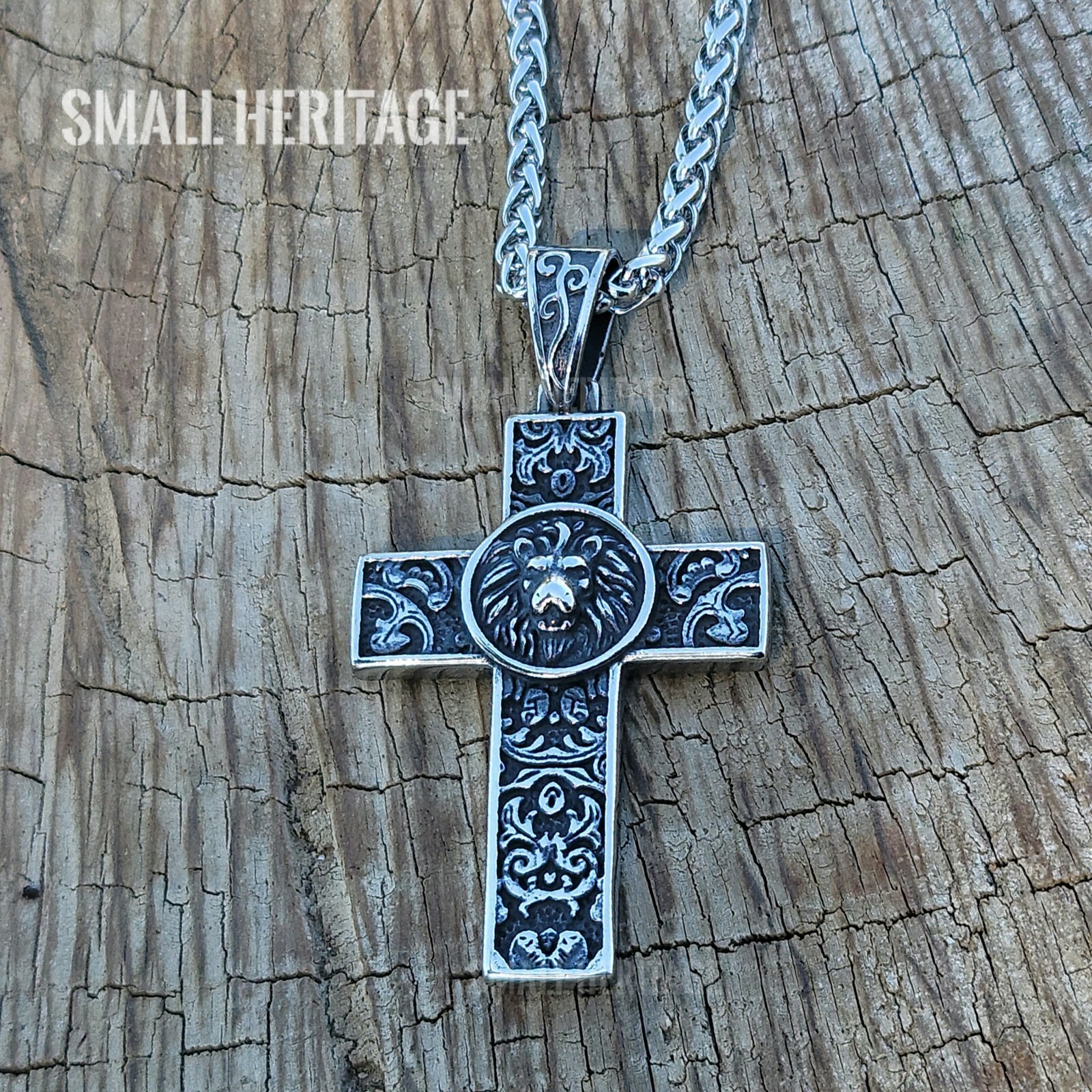 Stainless Steel Lion Cross Necklace Christian Pendant Medieval Style Men Women