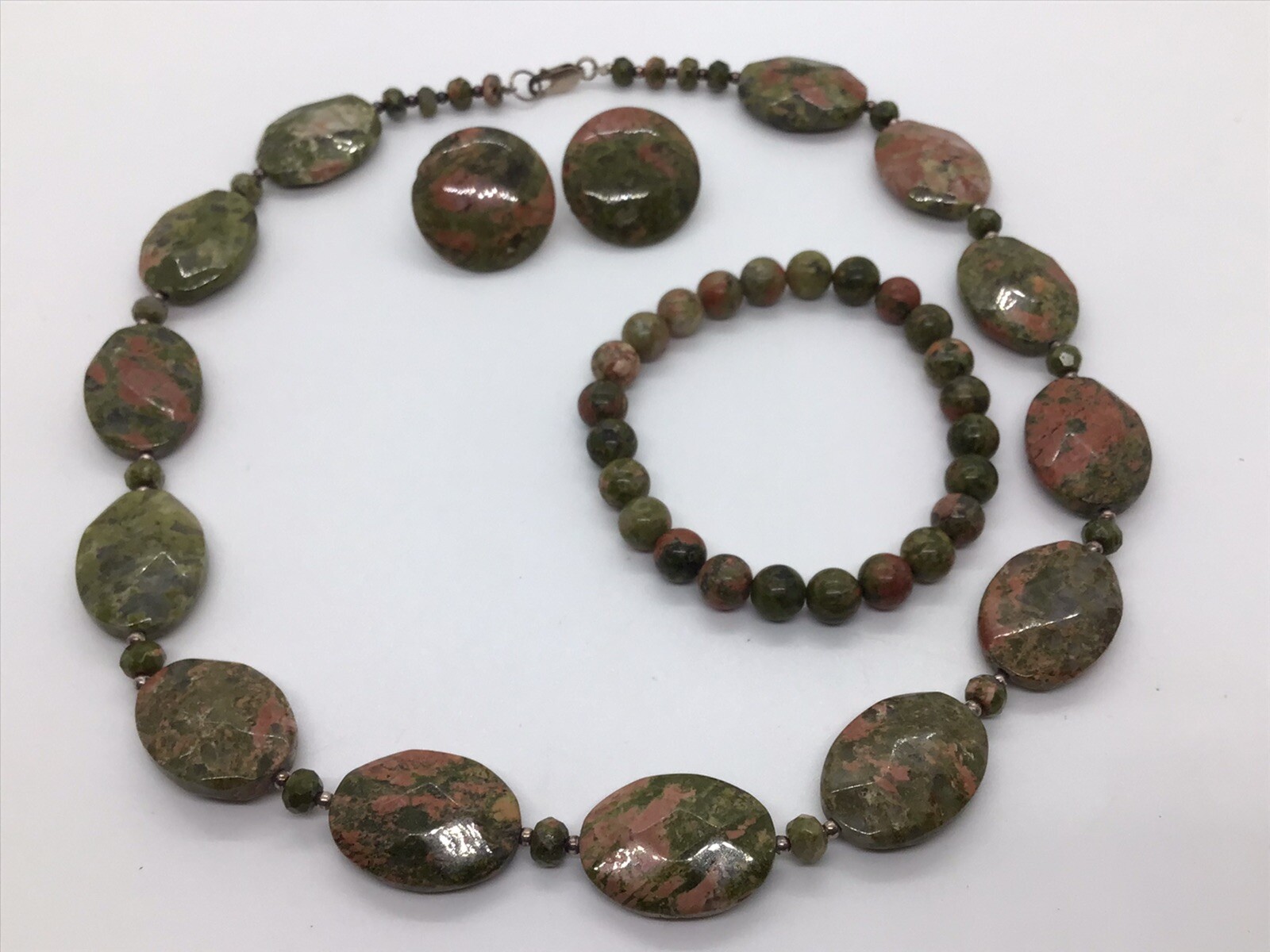 Unakite Faceted Necklace Bracelet Pierced Earrings Lot Set 19” 108g Pink Green