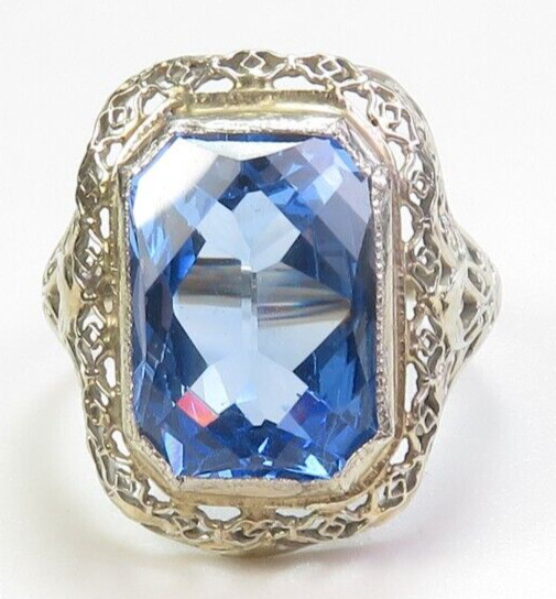 Antique 1920’s Lab Sapphire 13K White Gold Ring Size 8 UK-P1/2 7.68 Carat