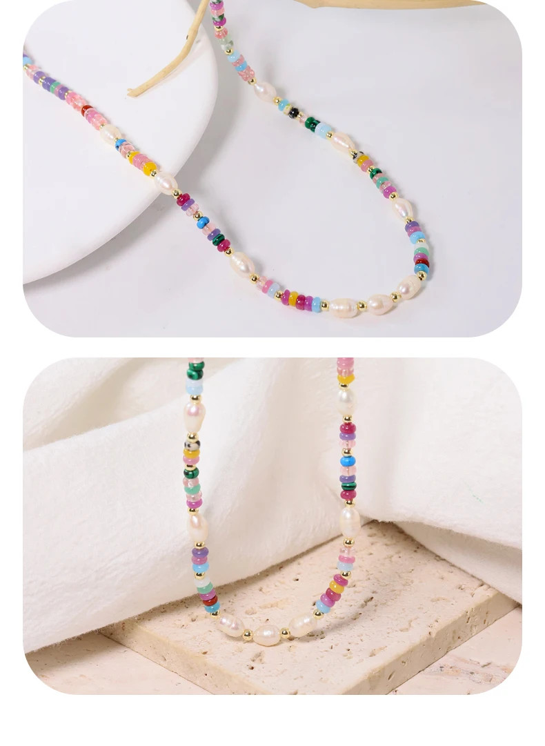 Colored Natural Stone Pearls Necklace Jewelry Women 18K Gold Plated Korean Desig