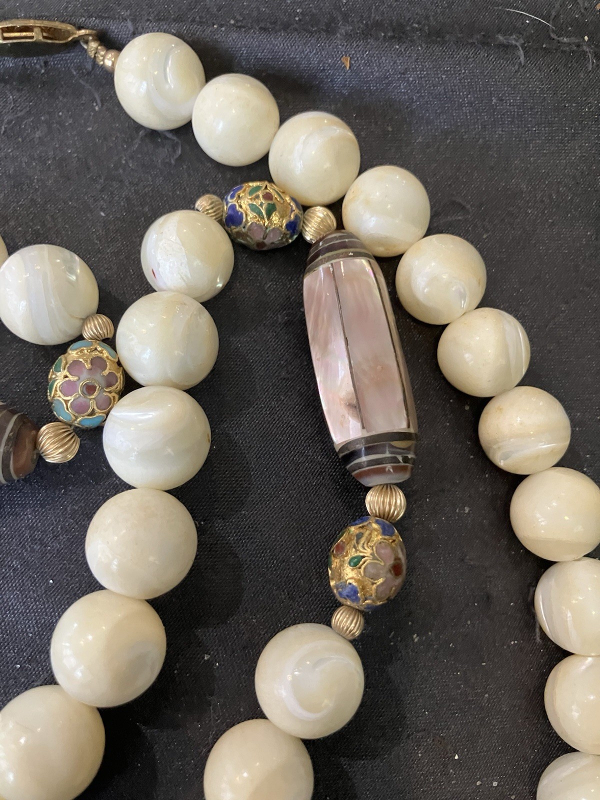 Vintage Chinese Export Mother Of Pearl MOP Cloisonne Enamel Beaded NECKLACE 33”