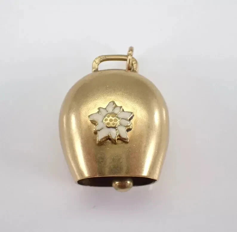 Vintage Cow Bell Charm Enamel Flower Pendant 14K Yellow Gold Plated Free Chain