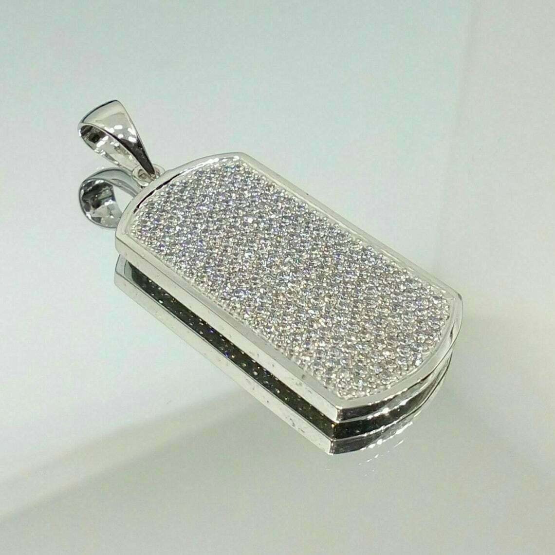 Stunning Men’s Dog Tag Simulated Diamond Cluster Pendant 14k White Gold Plated