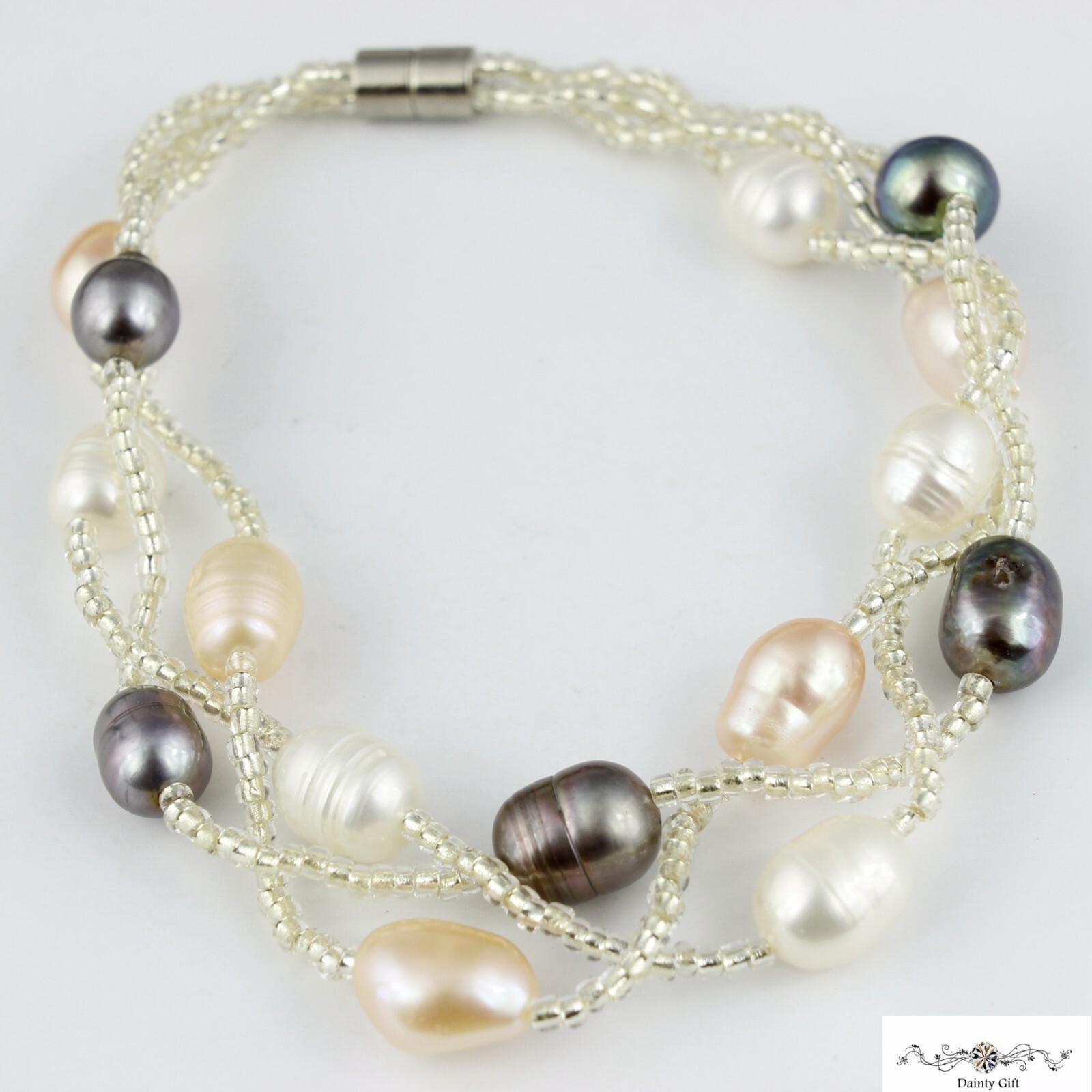 Women Real Black Pearl / Pink /White Pearl Twist Bead Mix Pearl Bracelet 7.5″