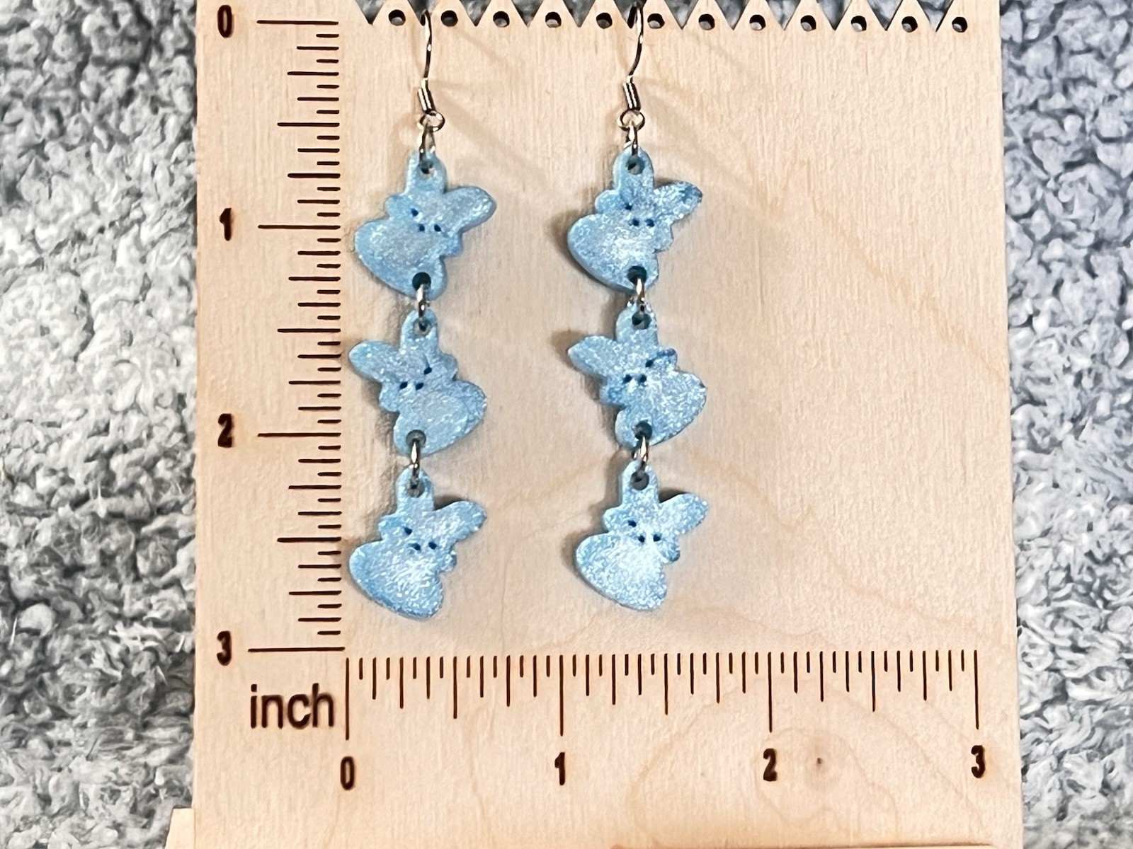 Handcrafted Blue Bunny Dangle Earrings Polymer Clay Animal Theme 2.8 in hook
