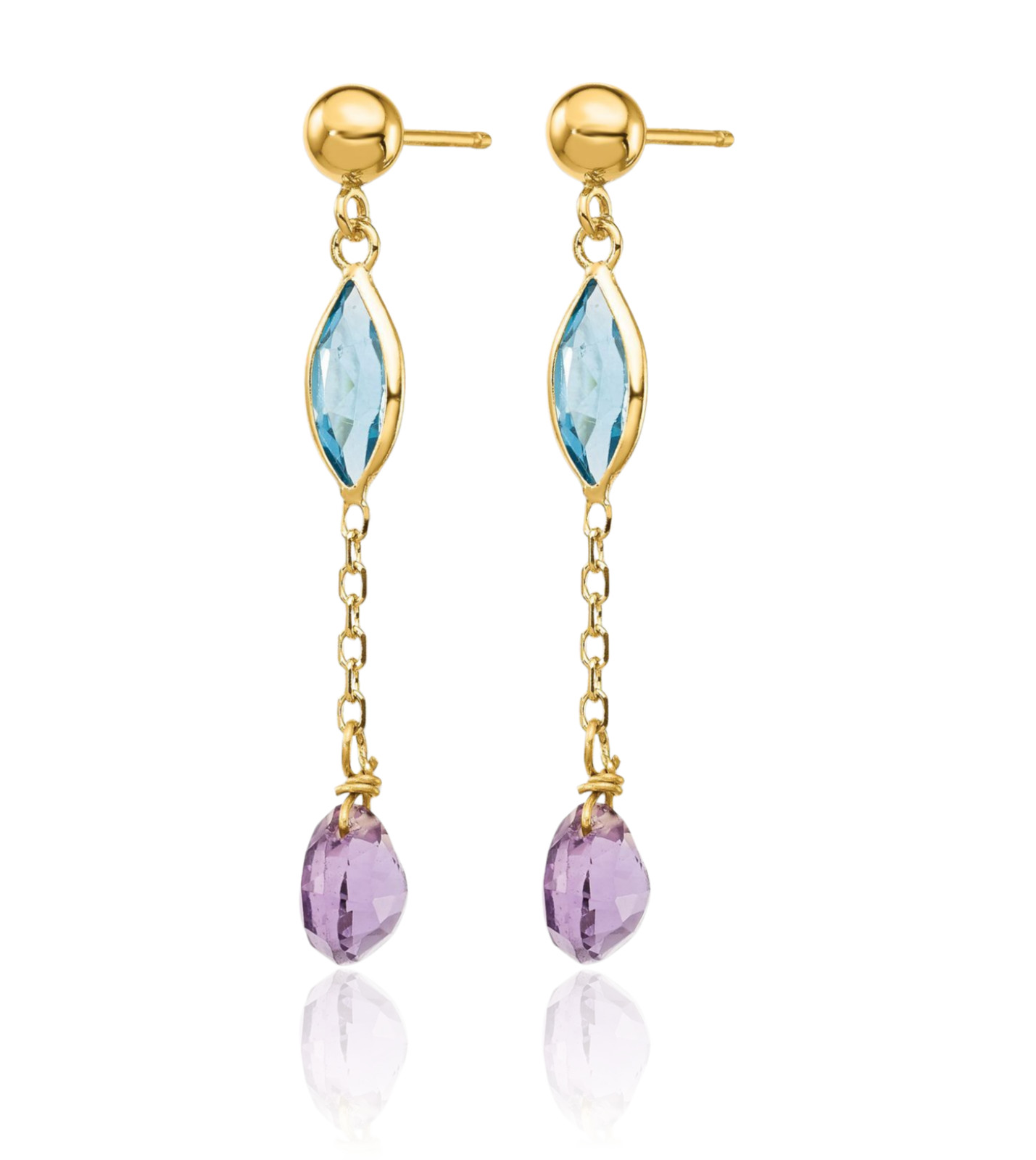14K Solid Yellow Gold Purple Blue Topaz Amethyst Medium Dangle Earrings 35mm