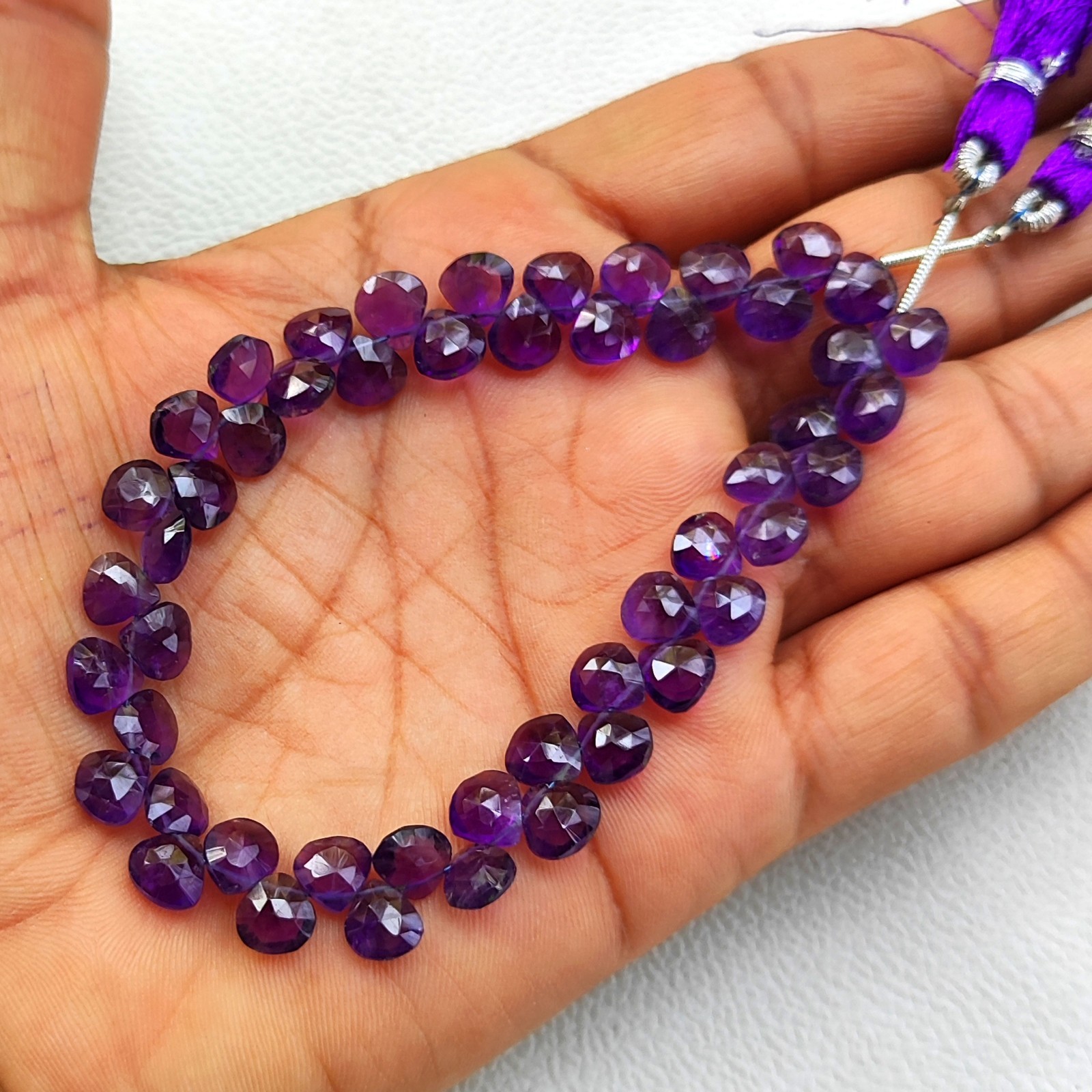 7mm Amethyst Faceted Heart Shape Beads 7.5 Inch Strand Brazil Natural Gemstones