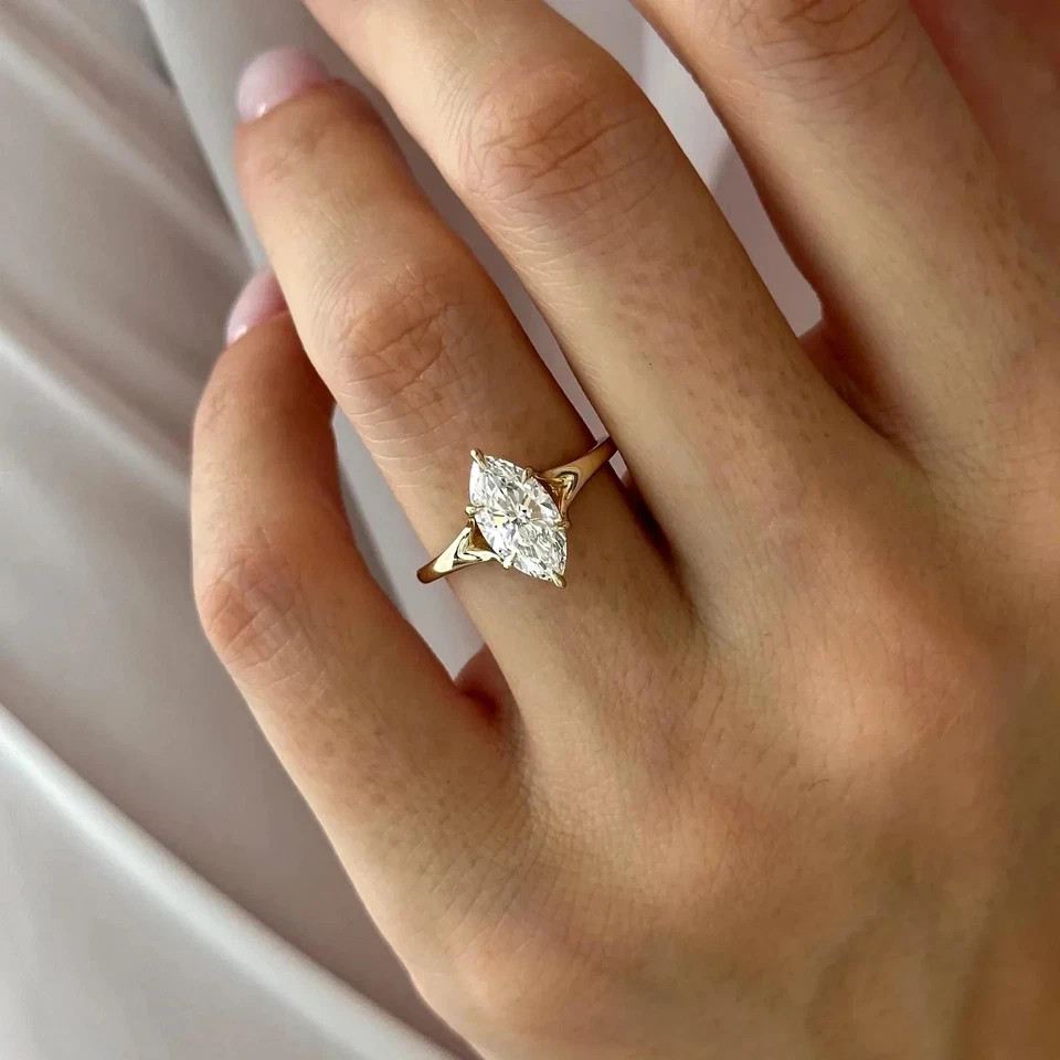 Marquise Diamond Wedding Ring 1.50 Ct Lab Grown IGI E F VVS CVD 14k Yellow Gold