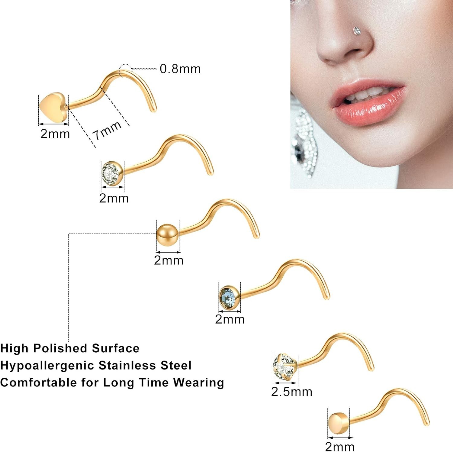 Fashionable Gold Nose Rings – 36 Pcs Hypoallergenic Jewelry for Every Occasion