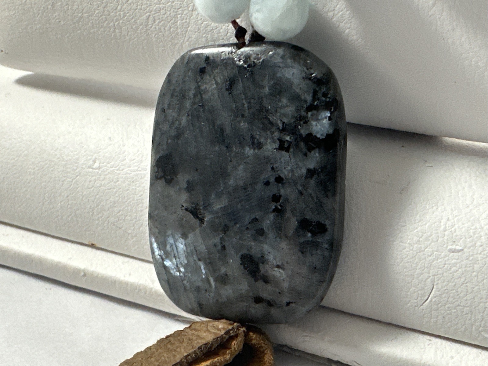 Silver Shimmer Larvikite Pendant ~ Hand Knotted Snowy Jade Beads 26″ Necklace