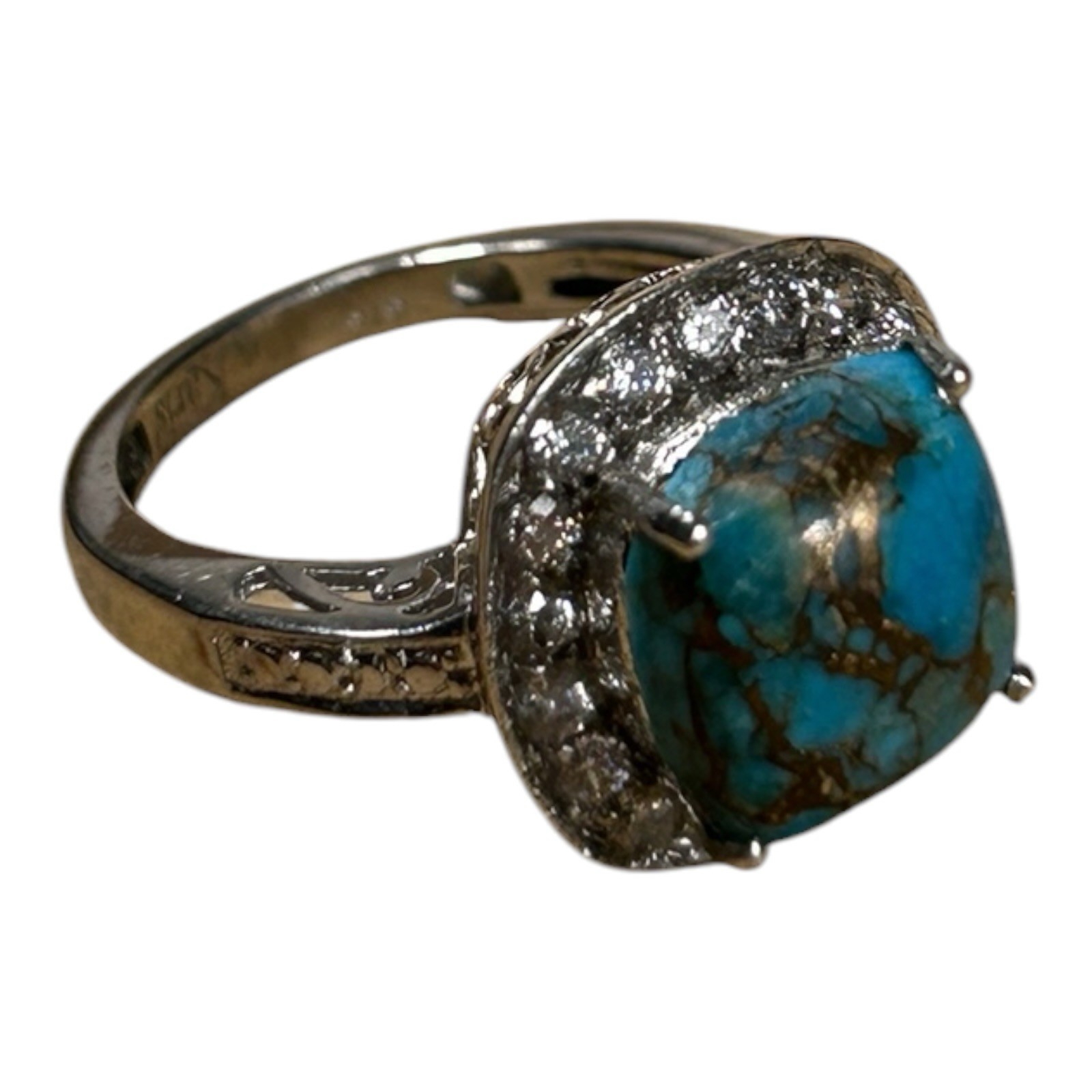 Copper Turquoise Ring CZ Halo Sterling Silver Karis STS Size 6.75