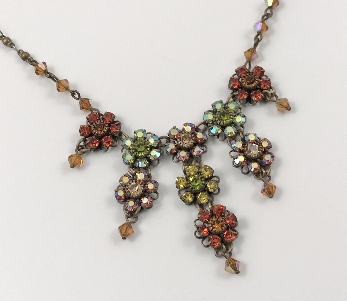 VTG Liz Palacios S.F Flower Necklace Antique Gold Tone Multi Color Crystals #317