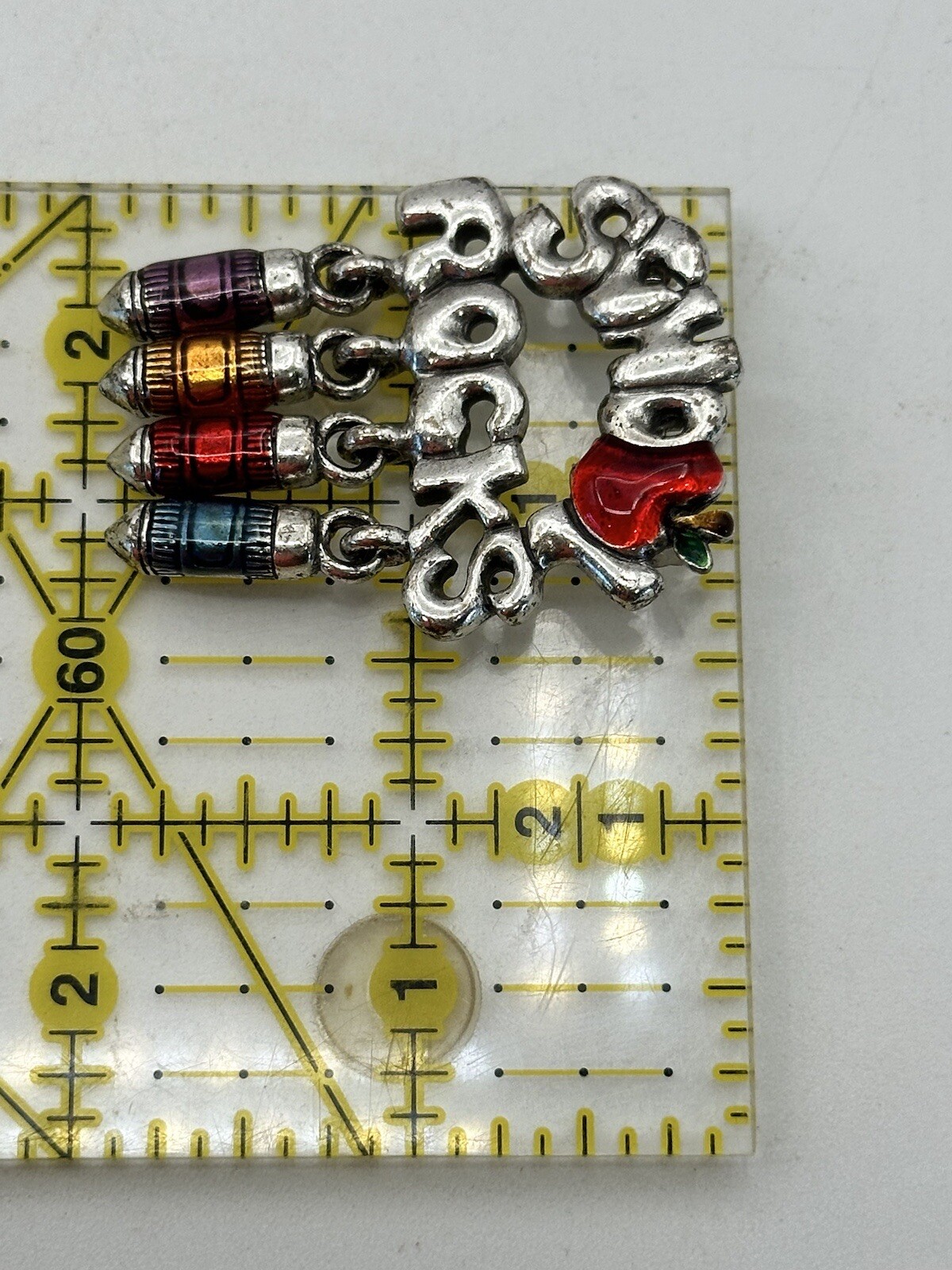 AJMC School Rocks Brooch With Hanging Crayons & Apple Vintage Enamel On Metal