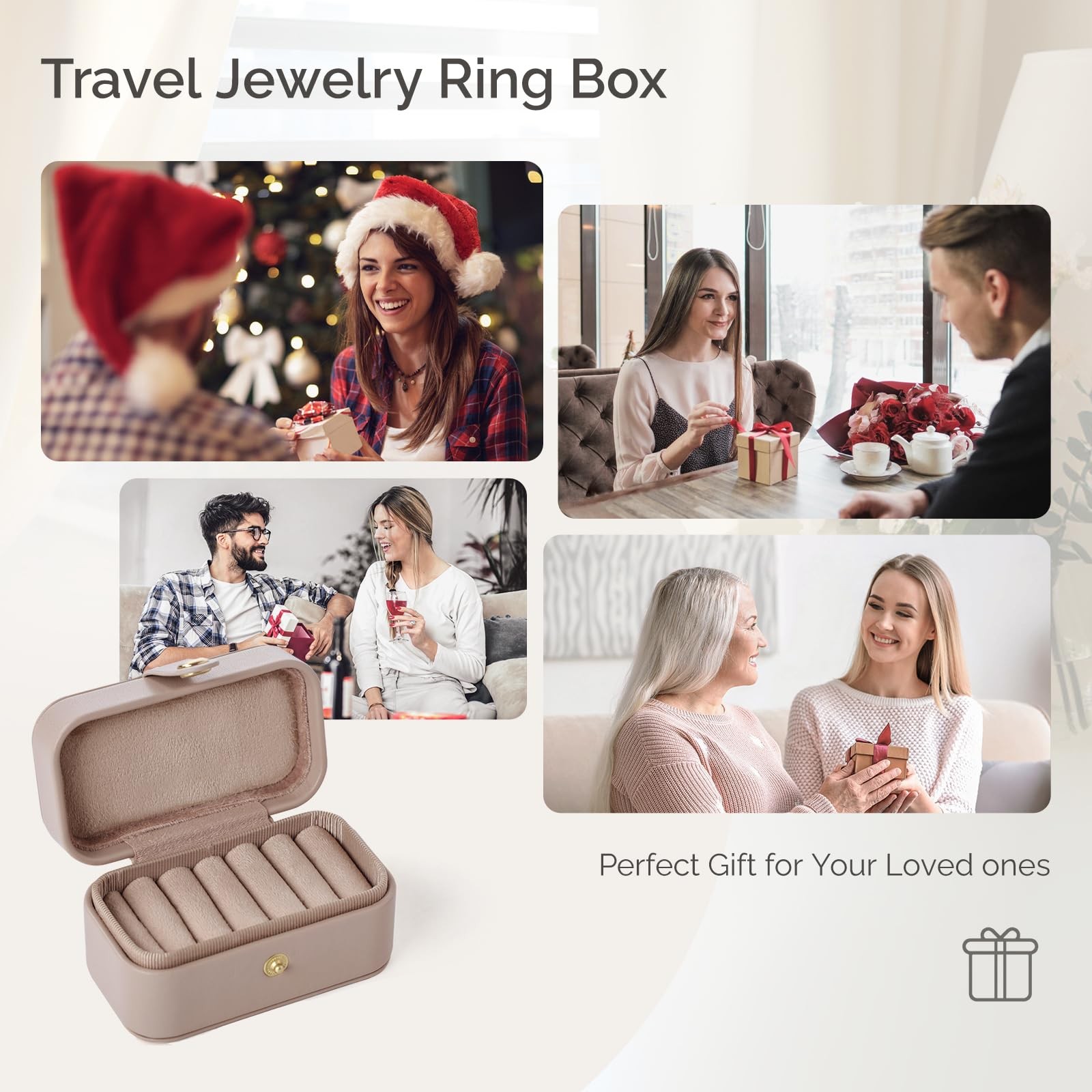 BIQI MUSSE Jewelry Ring Case for Travel, PU Leather Light Taupe