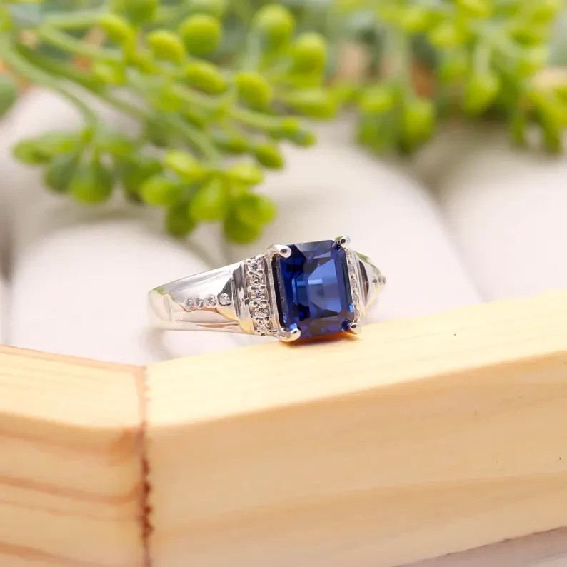 Solid 925 Sterling Silver Sapphire Engagement Ring for Men September Gift